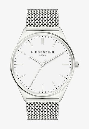 Sølv mesh-rem ur med en hvid urskive, minimalistisk design, med sølvfarvede timeindekser og visere samt mærkenavnet "LIEBESKIND BERLIN."