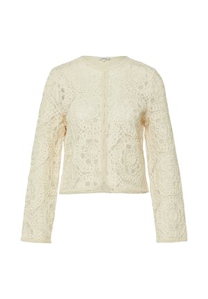 Kremowa, długorękawowa kurtka z koronki na szydełku, z kwiatowymi wzorami i okrągłym dekoltem, przód zapinany bez widocznych guzików czy zamka.