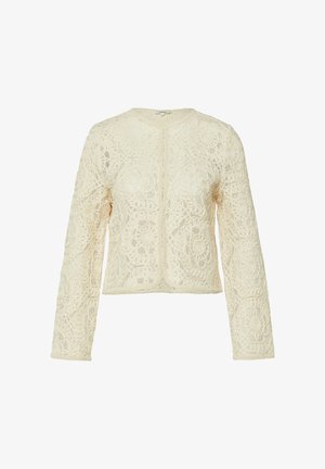 Cremefarbene, langärmelige Häkelspitzenjacke mit Blumenmustern und rundem Ausschnitt, Vorderöffnung ohne sichtbare Knöpfe oder Reißverschluss.