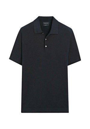 Polo noir à manches courtes avec patte de boutonnage à deux boutons et col en maille, présenté à plat sur fond blanc.