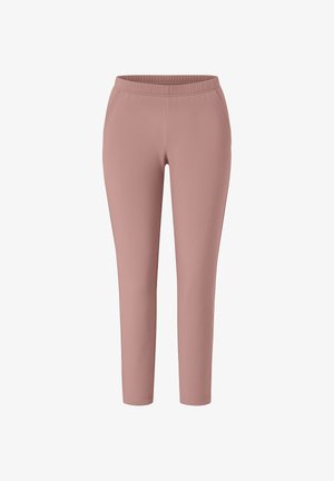 Rózsaszín, testhez simuló melegítőnadrág puha anyagból, elasztikus derékpánttal és oldalzsebekkel, sima, letisztult dizájnnal és szűkített szárakkal.