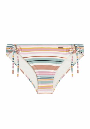 Gestreepte bikini onderkant met meerkleurige horizontale strepen in roze, blauw en groen. Touwtjes aan beide zijkanten, gladde textuur en elastisch materiaal.