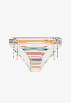 Gestreepte bikini onderkant met meerkleurige horizontale strepen in roze, blauw en groen. Touwtjes aan beide zijkanten, gladde textuur en elastisch materiaal.