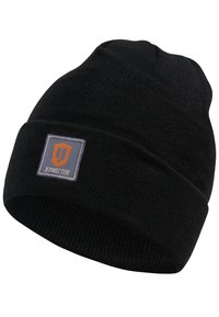 Black knitted beanie with a folded cuff, featuring a rectangular gray patch labeled "JEANSCODE" in orange lettering. Soft texture, simple design.
