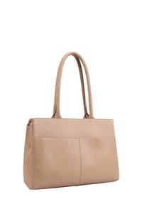 Sac à main en cuir beige avec deux longues poignées, forme rectangulaire, texture lisse et détails de couture subtils sur le devant.