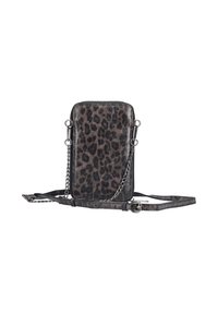 Zwart en grijs luipaardprint schoudertas van leer, met een kettinghengsel, rits sluiting en rechthoekige vorm met een gladde textuur.