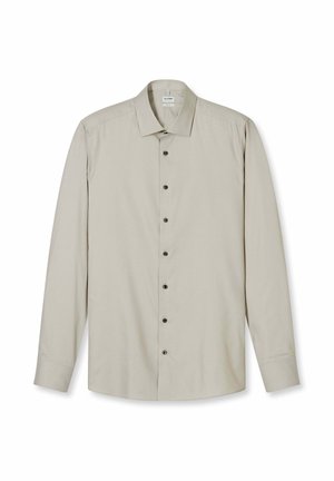 Light beige long-sleeve men's dress shirt with button-down front, spread collar, and single-button cuffs, laid flat on white background.