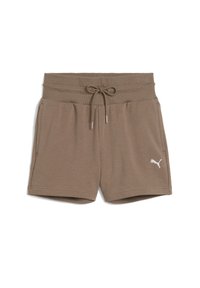 Shorts de sport bruns fabriqués en tissu doux, dotés d'une taille élastique avec cordon de serrage réglable et de poches latérales. Accent logo en blanc.