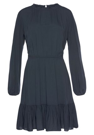 Sort langærmet kjole med indsnævret talje, flæset rund halsudskæring, elastiske manchetter og flæsekant forneden.