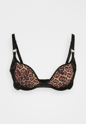 Sujetador de encaje negro con copas de estampado de leopardo, con tirantes ajustables y detalles en tono dorado, diseñado en un estilo de escote profundo con un acabado suave.