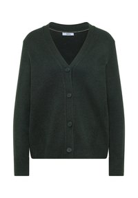 Tmavě zelený kardigan vyrobený z měkké tkaniny, s výstřihem do V, dlouhými rukávy a pěti předními knoflíky. Jednoduchý design s žebrovanými detaily.