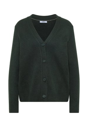 Tmavě zelený kardigan vyrobený z měkké tkaniny, s výstřihem do V, dlouhými rukávy a pěti předními knoflíky. Jednoduchý design s žebrovanými detaily.