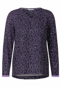 Maglietta a maniche lunghe con scollatura profonda a V, caratterizzata da una base di un viola scuro e un motivo leggero in viola chiaro sparso. Tessuto morbido con orli contrapposti.