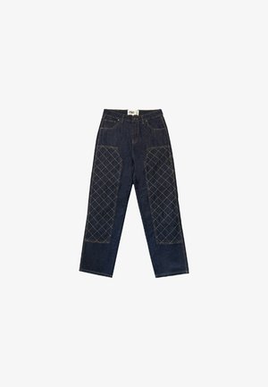 Donkerdenim jeans met een hoge taille, rechte pijpen en gestikte patchaccenten op de bovenbenen. Contrasterende stiksels benadrukken het ontwerp.