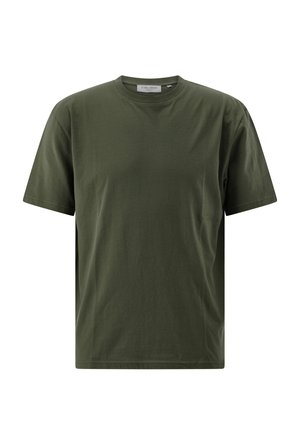 Olivgrünes T-Shirt mit kurzen Ärmeln und Rundhalsausschnitt, lockerer Passform und sichtbarem Carl Gross Markenlabel am Halsausschnitt.