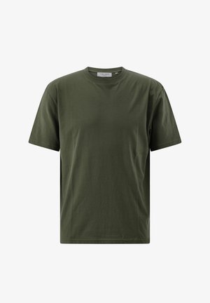 Olivgrünes T-Shirt mit kurzen Ärmeln und Rundhalsausschnitt, lockerer Passform und sichtbarem Carl Gross Markenlabel am Halsausschnitt.