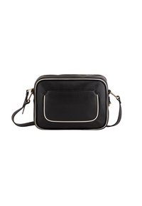 Czarna skórzana torebka typu crossbody o prostokątnym kształcie. Posiada przednią kieszeń, złote akcesoria oraz białą lamówkę wzdłuż krawędzi.
