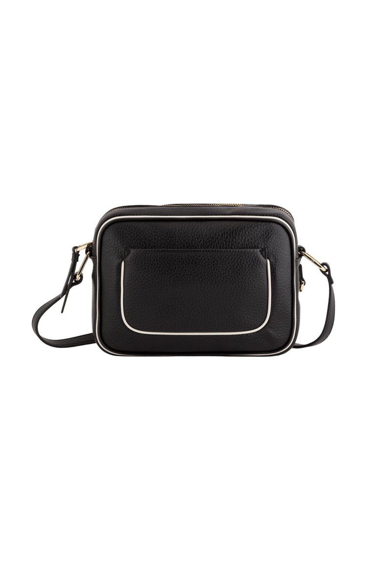 Czarna skórzana torebka typu crossbody o prostokątnym kształcie. Posiada przednią kieszeń, złote akcesoria oraz białą lamówkę wzdłuż krawędzi.
