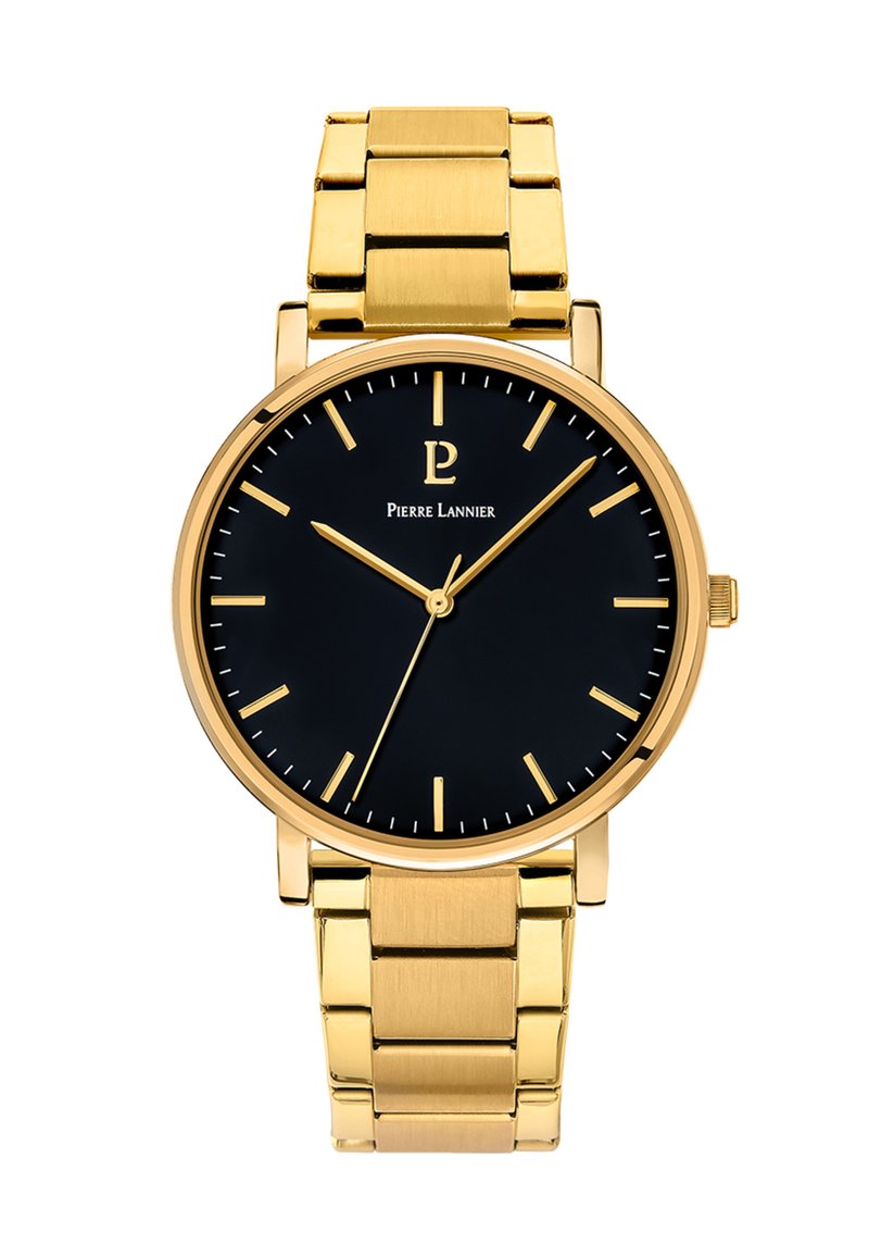 Reloj analógico dorado con esfera negra, marcadores de horas minimalistas y una pulsera de metal suave con un acabado pulido.