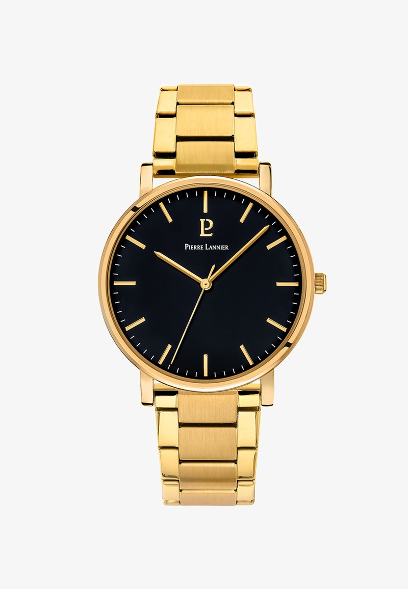 Auksinės spalvos analoginis laikrodis su juodu ciferblatu, minimalistinėmis valandų žymėmis ir sklandžiu metaliniu apyrankiu, turinčiu poliruotą paviršių.