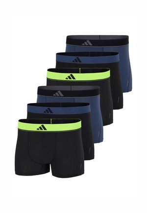 Seks par mænds boxer briefs i sort og marineblå med elastiske taljebånd i sort, blå og neongrøn, hver med en lille logo på taljebåndet.