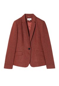 Blazer pour femmes en tweed couleur rouille à un bouton, avec col à revers cranté et deux poches avant à rabat, intérieur doublé.
