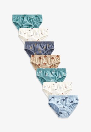 Rôzne detské trenky v modrej, teal, béžovej a bielej farbe, zdobené hravými vzormi dinosaurov a dúh, vyrobené z mäkkej látky s elastickým pásom.