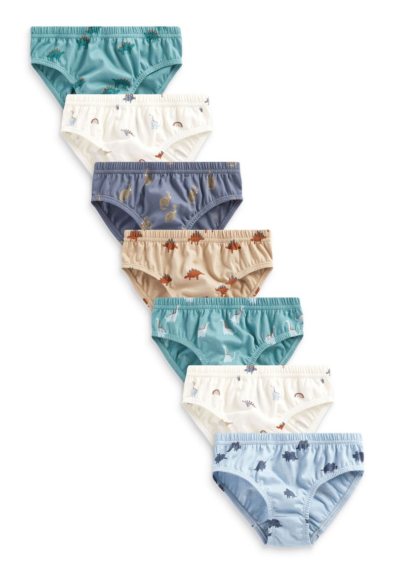 Blandet børneslip i blå, teal, beige og hvid, med legende dinosaur- og regnbue-mønstre, lavet af blødt stof med elastiske talje. 