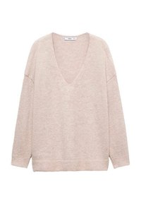 Lichtroze v-hals trui met lange mouwen, gebreide structuur, geribbelde zoom en verlaagde schouders. Zachte stof, casual oversized pasvorm.