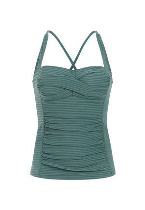Groen tankinitopje met getextureerde horizontale strepen, geplooide zijkanten en gekruiste schouderbandjes.