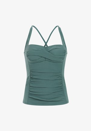 Groen tankinitopje met getextureerde horizontale strepen, geplooide zijkanten en gekruiste schouderbandjes.
