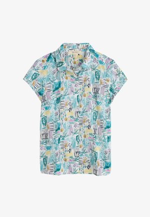 Kurzärmeliges Hemd aus leichtem Stoff mit einem bunten botanischen Muster in Schattierungen von Türkis, Lila und Gelb, mit Kragen.