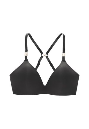 Black triangular bra with adjustable straps featuring a crisscross design. Smooth texture and gold-tone hardware accents on straps.