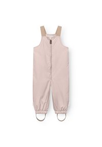 Helle rosa Kinderoverall mit verstellbaren beigen Trägern, Frontreißverschluss und elastischen Bündchen mit runden Öffnungen an den Knöcheln.