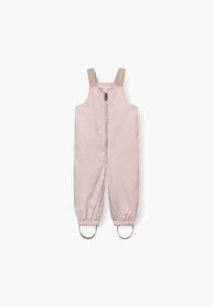 Macacão infantil rosa claro com alças ajustáveis em tom beige, fecho frontal com zíper e punhos elásticos com aberturas circulares nos tornozelos.