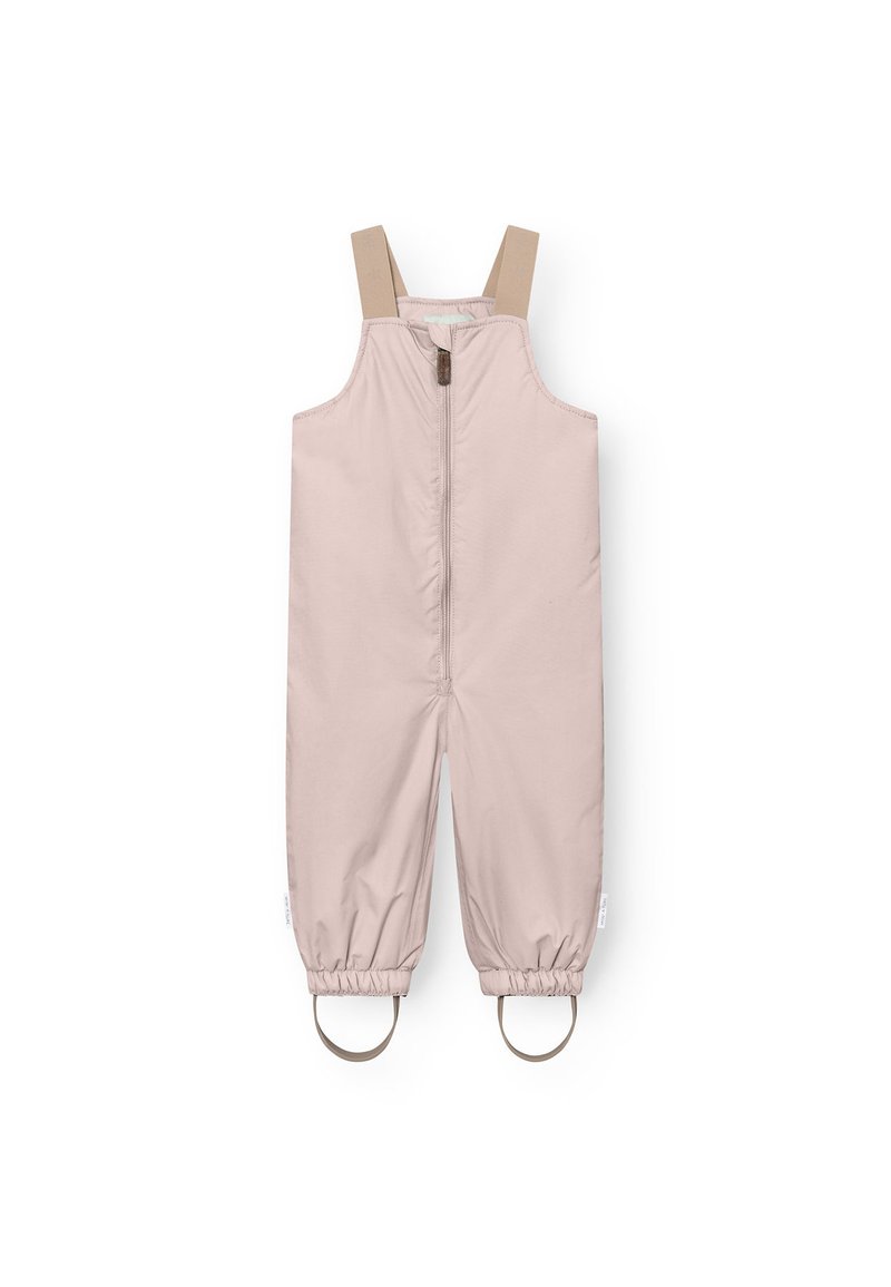 Helle rosa Kinderoverall mit verstellbaren beigen Trägern, Frontreißverschluss und elastischen Bündchen mit runden Öffnungen an den Knöcheln.