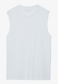 White sleeveless cotton top with a round neckline and slightly dropped armholes. Features a smooth texture and simple design.