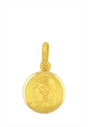 Ciondolo in oro con un profilo in rilievo dettagliato del volto di una donna velata, collegato a un piccolo anello per collana.