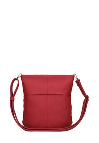 Borsa a spalla in pelle rossa con una finitura liscia, dotata di un coperchio pieghevole e una tracolla regolabile. Design semplice senza accenti hardware visibili.