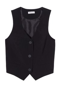 Zwarte gilet met een gladde stoffen afwerking, voorzien van een V-hals, drie knopen aan de voorkant en twee zijzakken. Mouwloos, getailleerd ontwerp.