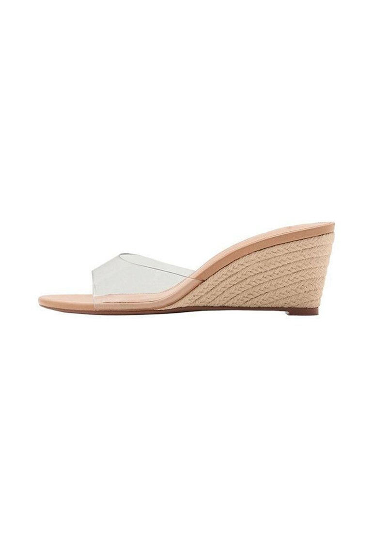 Clear wedge sandals with a transparent strap and a woven jute heel. Neutral color palette with a smooth, matte insole texture.