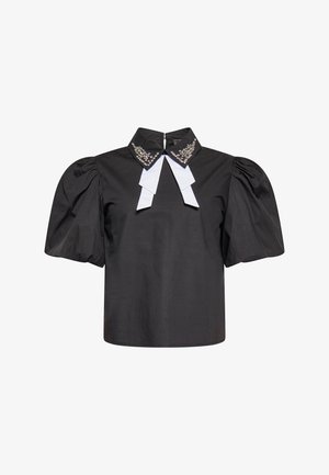 Zwarte top met pofmouwen van katoen, met een hoge kraag, featuring witte strikdetails en een versierde kraag met heldere stenen.