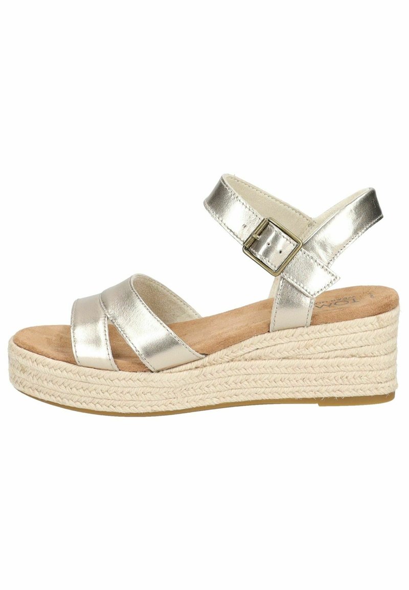 Metallic silver wedge sandals with two crossed straps, adjustable ankle buckle, and a jute-wrapped platform. Soft insole for comfort.