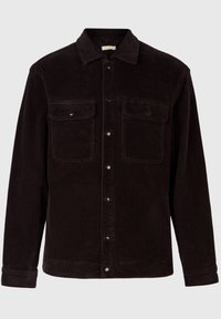 Mörkt brunt manchestertygjacka med skjortkrage, framknappar med tryckknappar och två bröstfickor med klaff och tryckknappar.