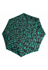 Ombrello con motivo su sfondo nero e forme astratte color teal. Design del canopy esagonale, realizzato in tessuto resistente, telaio leggero.
