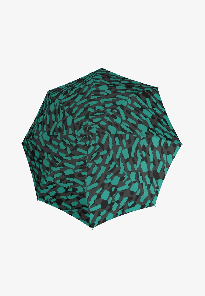 Gemusterter Regenschirm mit schwarzem Hintergrund und abstrakten türkisfarbenen Formen. Sechseckiges Dachdesign, hergestellt aus strapazierfähigem Stoff, leichtem Gestell.