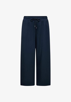 Pantalones de chándal de pierna ancha color azul marino, confeccionados en una tela suave, con una cinturilla elástica y un cordón para un ajuste ajustable.