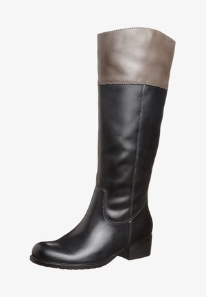 Bottes en cuir hauteur genou avec une partie inférieure noire et un revers supérieur marron contrastant. Bout rond, petit talon bloc et coutures visibles.
