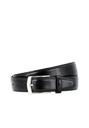 Black leather belt with silver rectangular buckle, multiple adjustment holes, and stitched edges.