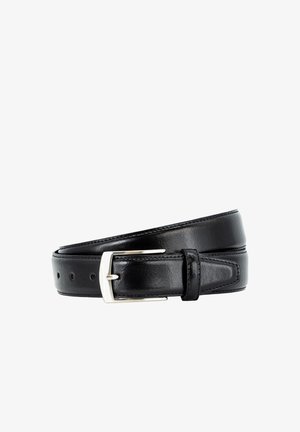 Black leather belt with silver rectangular buckle, multiple adjustment holes, and stitched edges.